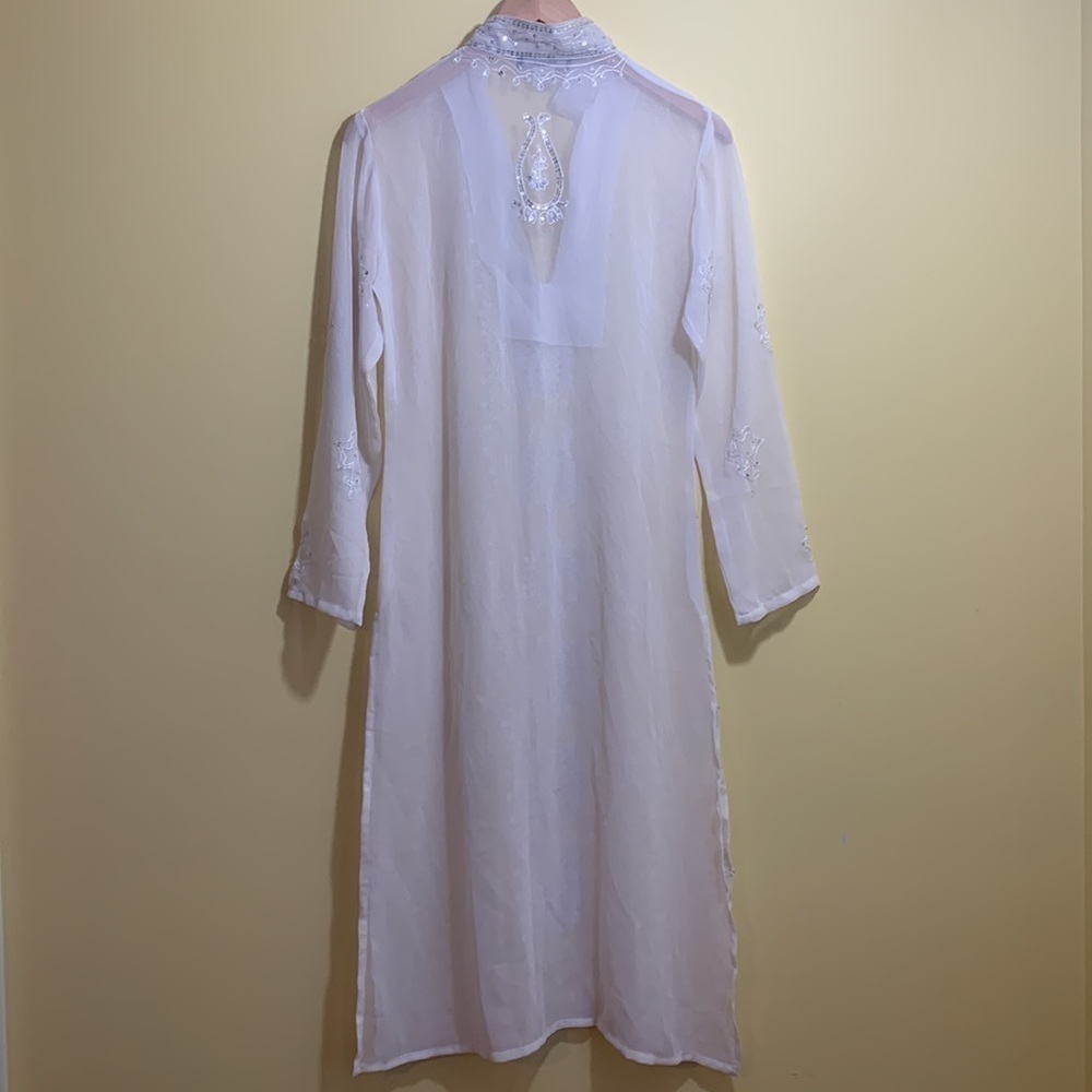 Tokyo Denem White Embroidered Sequin Sheer Long Sleeve Tunic Kimono Dress M - Picture 17 of 17